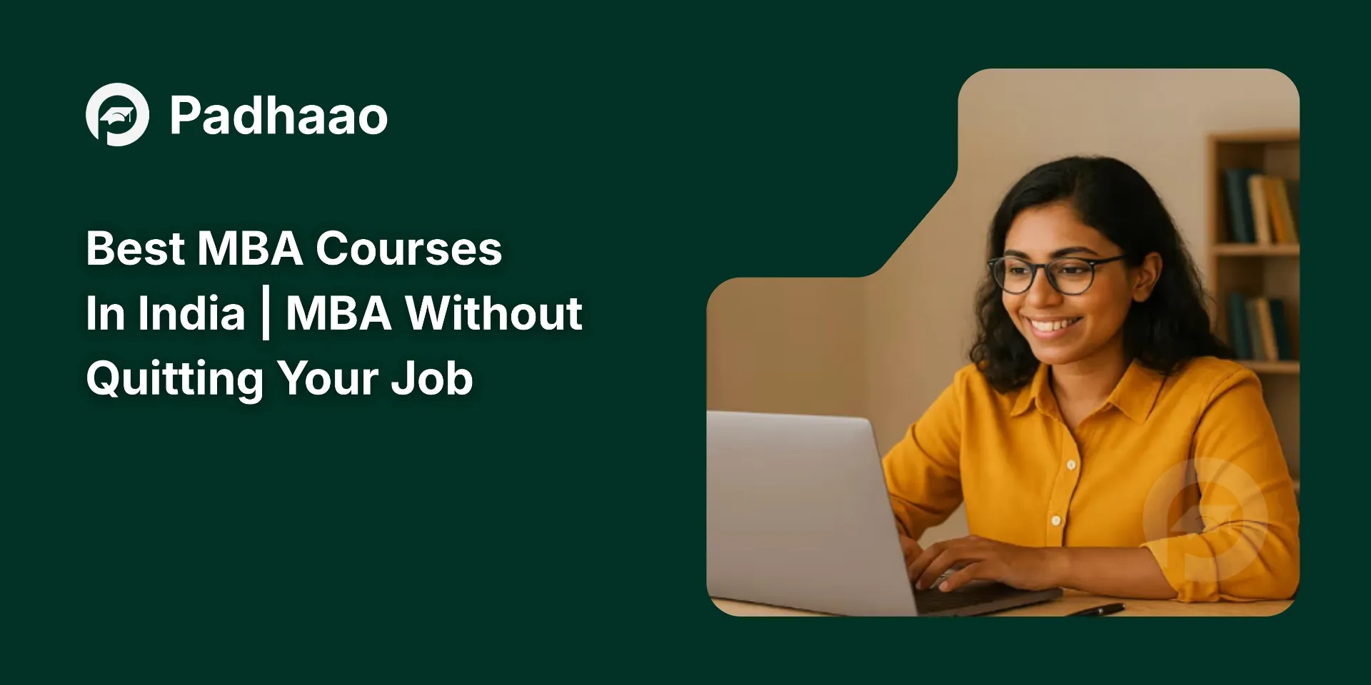 Young woman studying online MBA on laptop, smiling at desk with books in background.