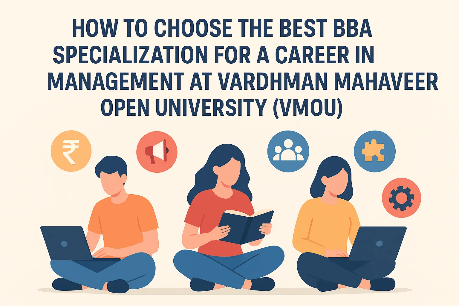 Students with laptops and books surrounded by BBA specialization icons.